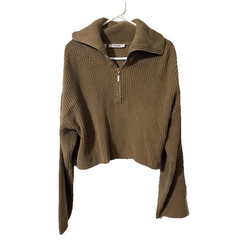 Oval Square Mocha Brown Cropped Sweater with Zippered Collar Size Large